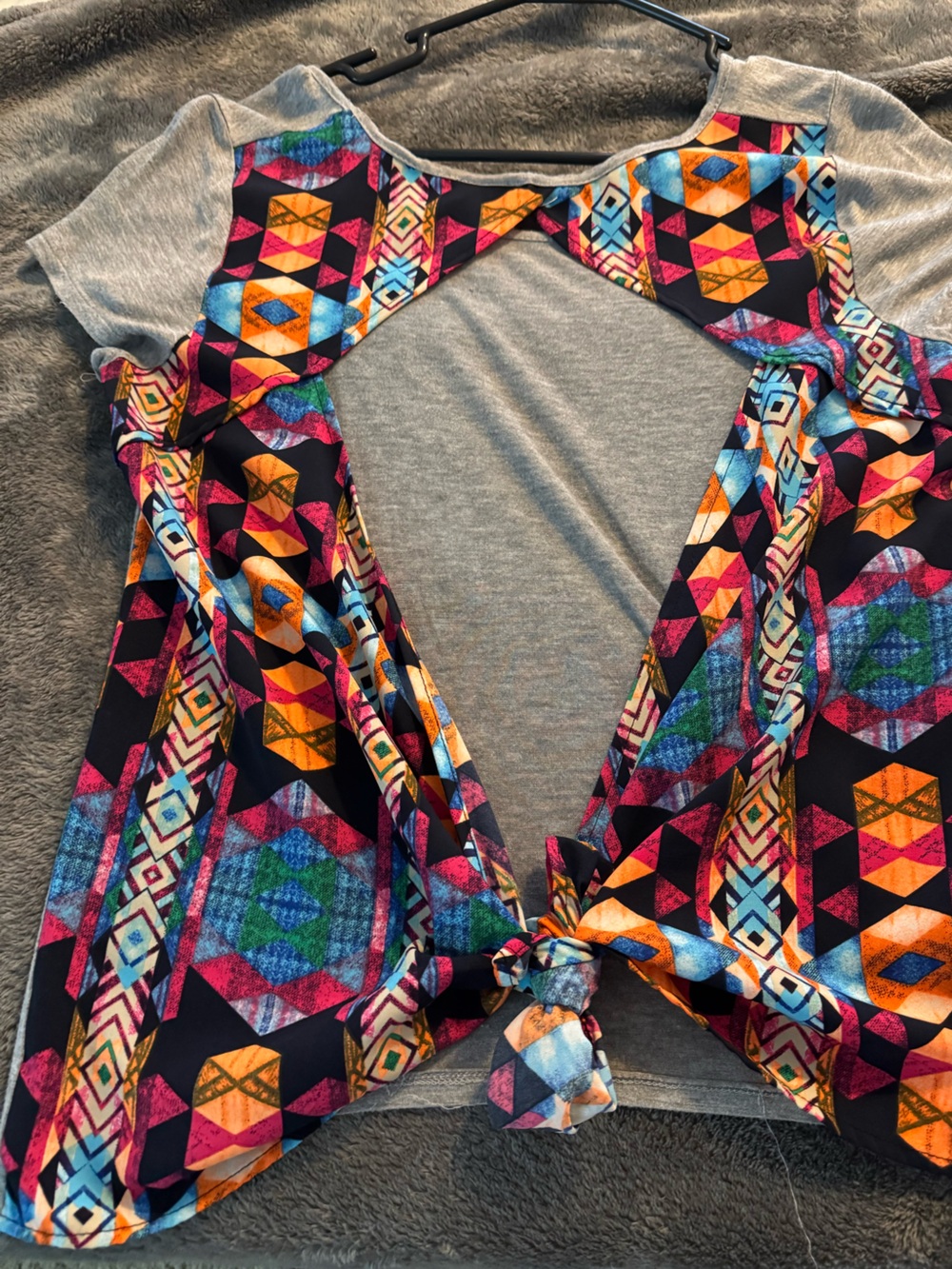 Daytrip Grey Tunic with Multicolor Geometric Tie-Front
